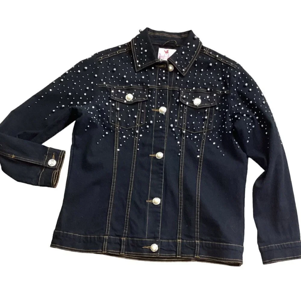 Quacker Factory Black Denim/Jean Jacket Pearl Buttons Beaded Studed Sz XS #57X‎